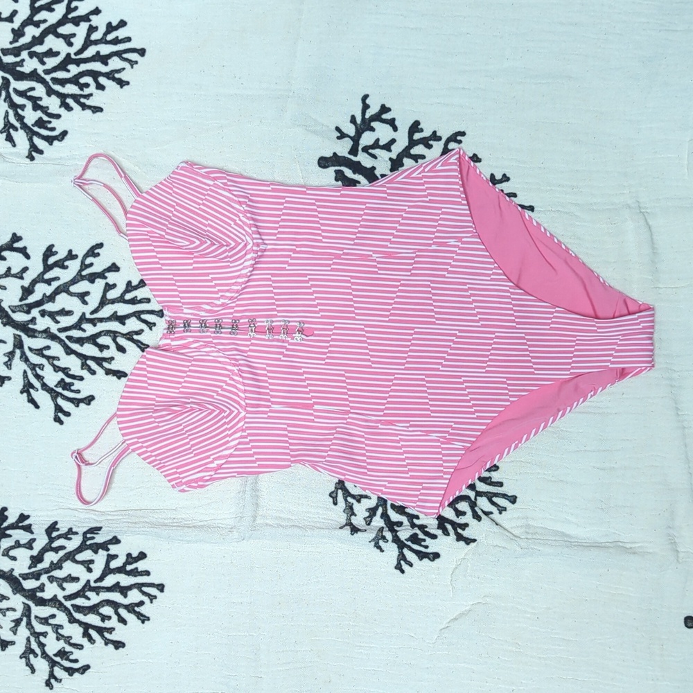 Onia One Piece Swimsuit Barbie Pink Pinstripes Corset Style Front Clasps Size M